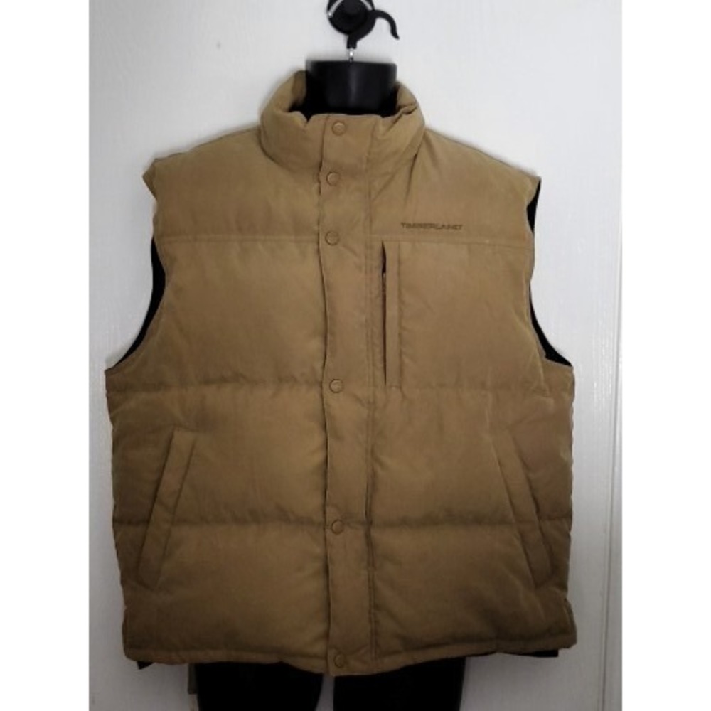 Timberland WeatherGear Puffer Vest Men Sz L Tan Brown Duck Down Winter Outerwear